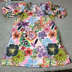Anthropologie Uncle Frank Floral Print Puff Sleeve Dress XL Multi Color V Neck